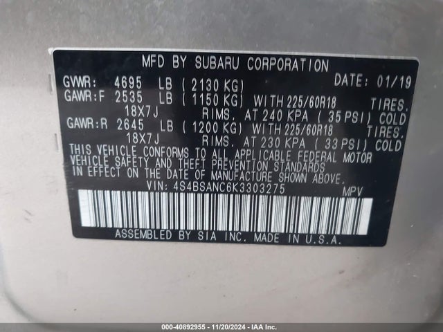 Subaru Outback 2.5i Limited 2019 4S4BSANC6K3303275 Image 9