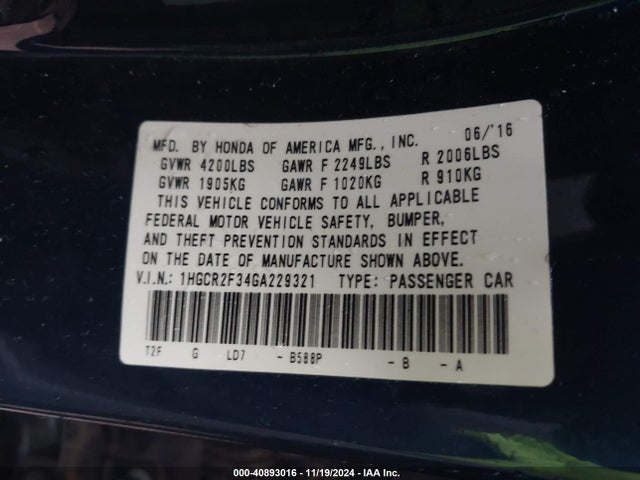 1HGCR2F34GA229321 Honda ACCORD LX