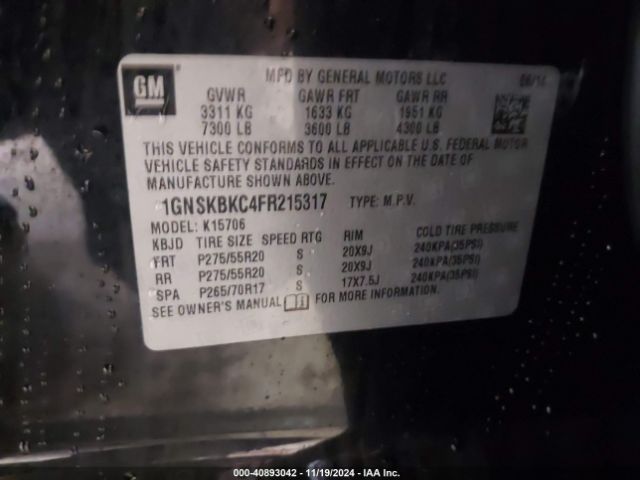 1GNSKBKC4FR215317 Chevrolet Tahoe Lt