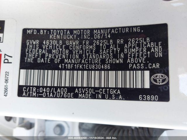 4T1BF1FK1EU830486 Toyota CAMRY XLE