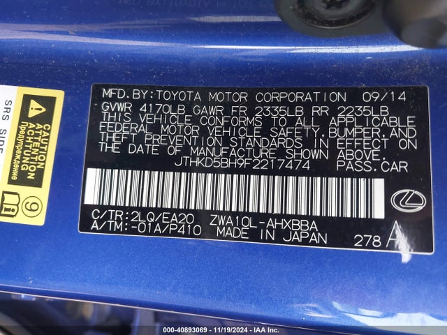 JTHKD5BH9F2217474 Lexus CT 200H