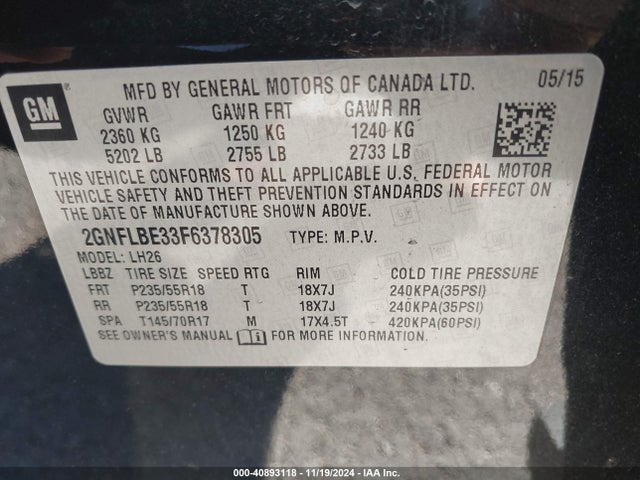 Chevrolet EQUINOX 1LT 2015 2GNFLBE33F6378305 Image 9