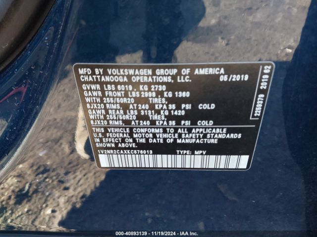 1V2NR2CAXKC576013 Volkswagen Atlas 3.6l V6 Sel Premium