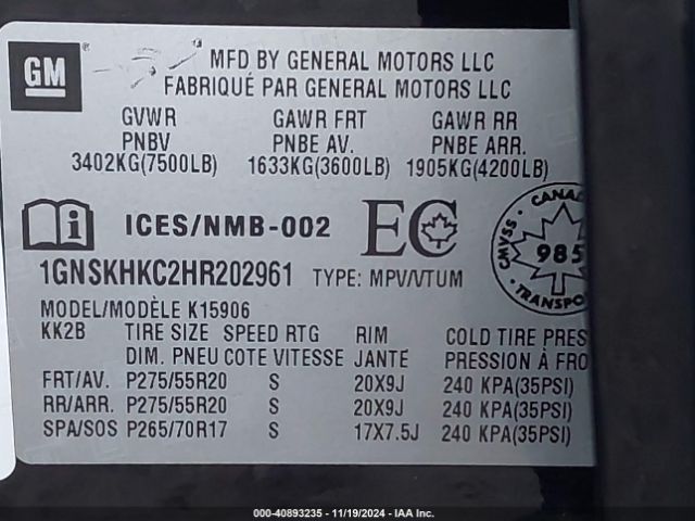 1GNSKHKC2HR202961 Chevrolet Suburban Lt