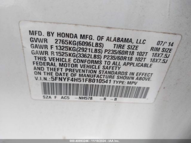 5FNYF4H51FB010541 Honda Pilot Ex-l