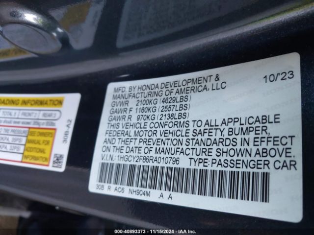 1HGCY2F86RA010796 Honda Accord Hybrid Touring