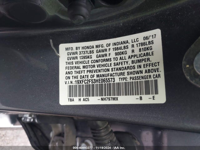 Honda Civic Lx 2017 19XFC2F53HE065573 Image 9