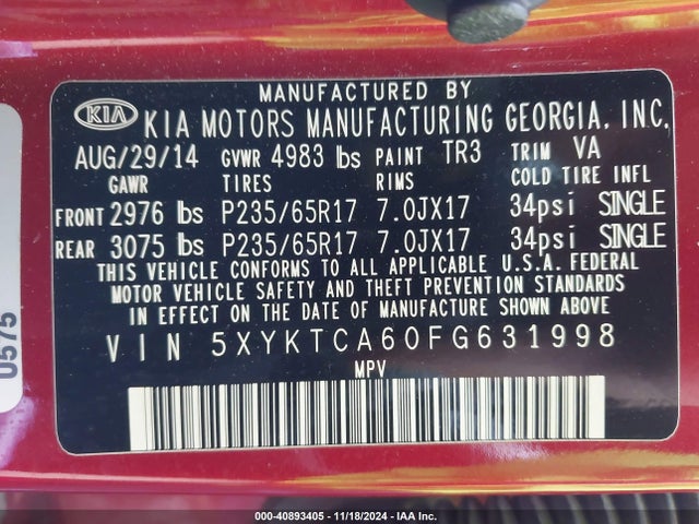 KIA SORENTO LX 2015 5XYKTCA60FG631998 Image 9
