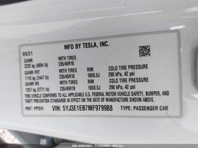 5YJ3E1EB7MF979988 Tesla Model 3 Long Range Dual Motor All-wheel Drive