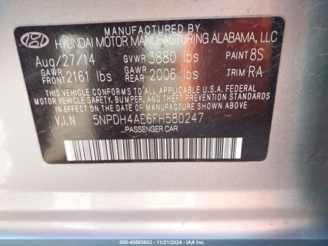 5NPDH4AE6FH580247 Hyundai ELANTRA SE