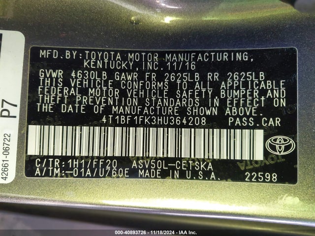 Toyota CAMRY SE 2017 4T1BF1FK3HU364208 Image 9