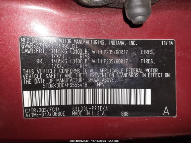 5TDKK3DC4FS555418 Toyota Sienna Le 8 Passenger