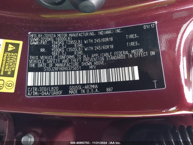 Toyota Highlander Xle 2017 5TDJZRFH0HS375651 Image 9
