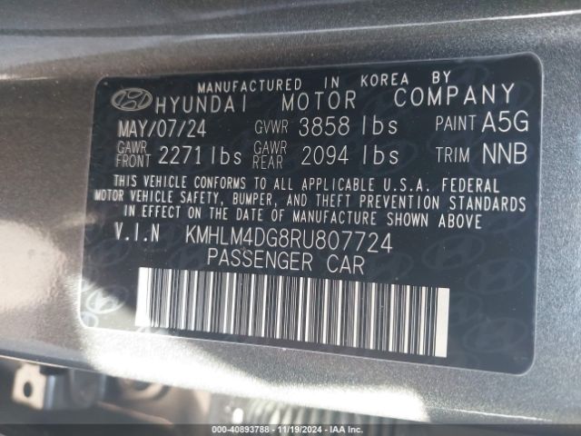 KMHLM4DG8RU807724 Hyundai ELANTRA SEL