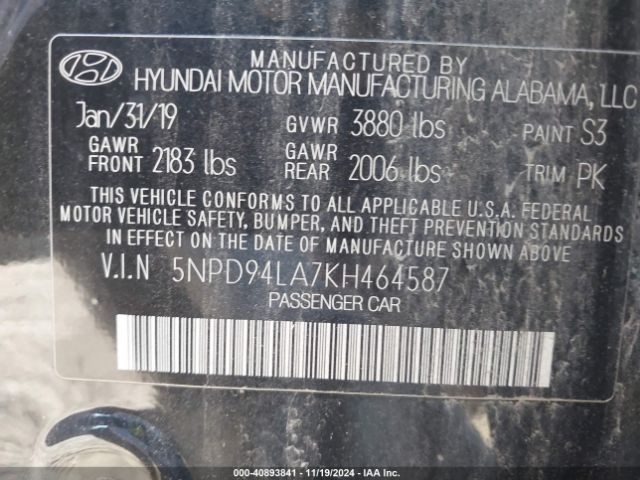 5NPD94LA7KH464587 Hyundai Elantra Eco