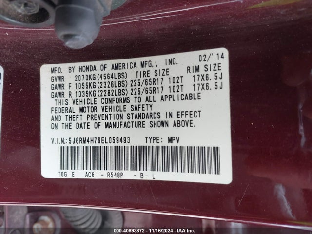 Honda Cr-v Ex-l 2014 5J6RM4H76EL059493 Image 9