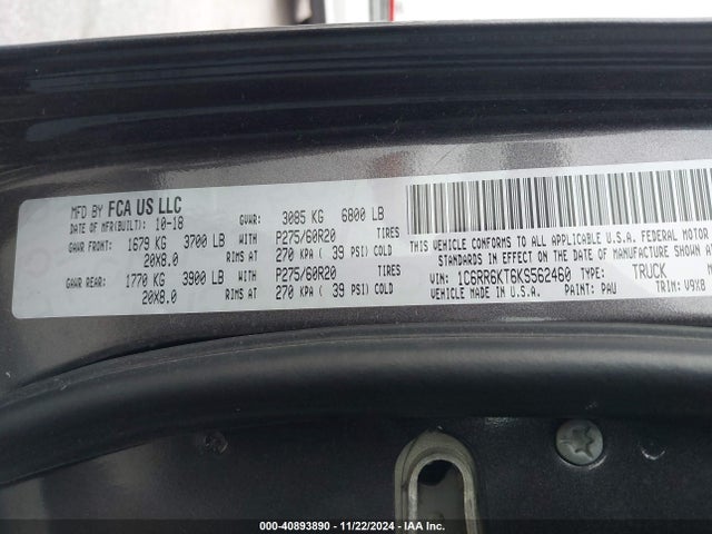 1C6RR6KT6KS562460 RAM 1500 Classic Tradesman  4x2 5'7 Box