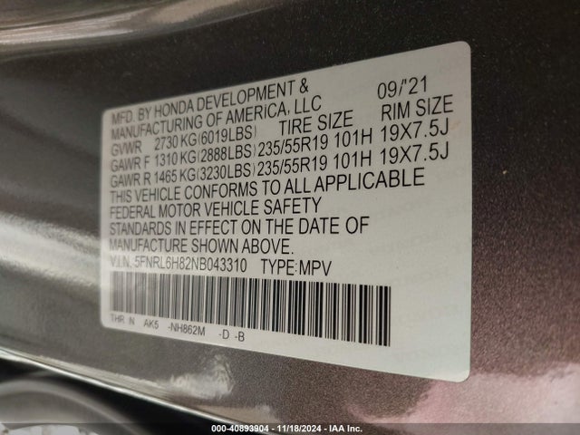 Honda Odyssey Touring 2022 5FNRL6H82NB043310 Image 9
