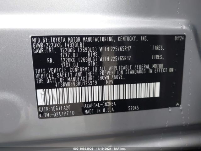 4T3RWRFV3RU125919 Toyota Rav4 Hybrid Xle