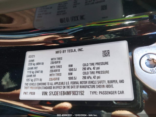 2021 TESLA MODEL 3 5YJ3E1EB4MF903192 Photo 8