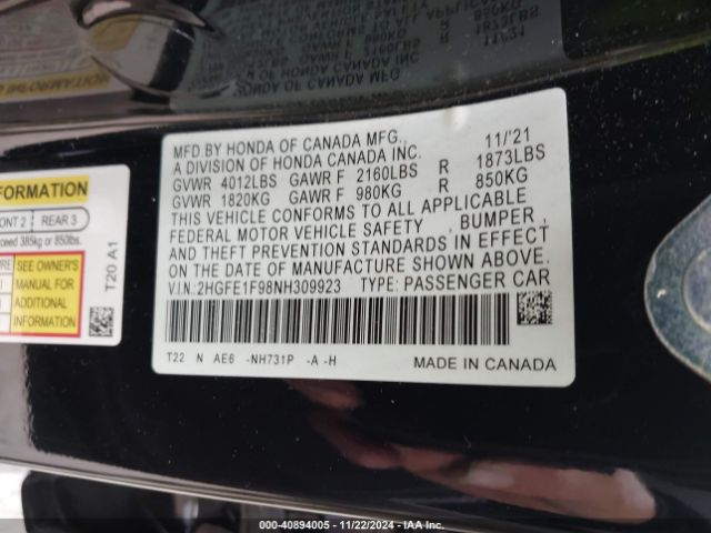 2HGFE1F98NH309923 Honda Civic Touring