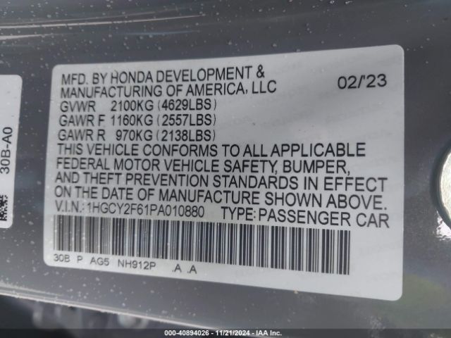 1HGCY2F61PA010880 Honda Accord Hybrid Ex-l