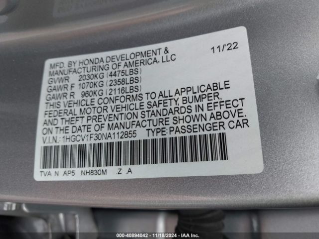1HGCV1F30NA112855 Honda Accord Sport