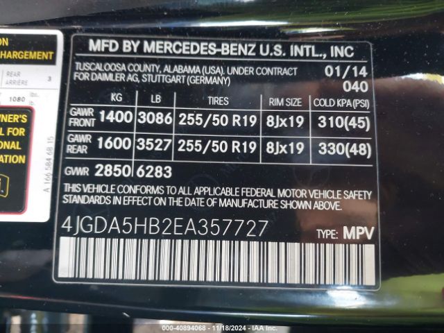 4JGDA5HB2EA357727 Mercedes-Benz Ml 350 4matic