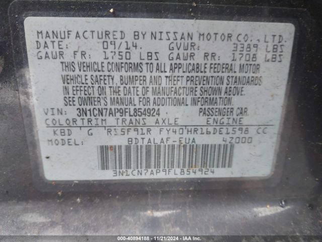 3N1CN7AP9FL854924 Nissan Versa 1.6 S