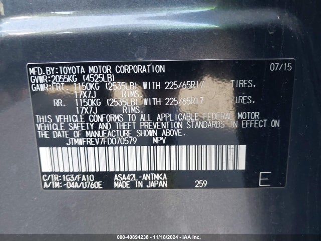 Toyota Rav4 Xle 2015 JTMWFREV7FD070579 Image 9