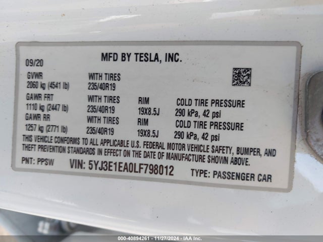 2020 TESLA MODEL 3 5YJ3E1EA0LF798012 Photo 8