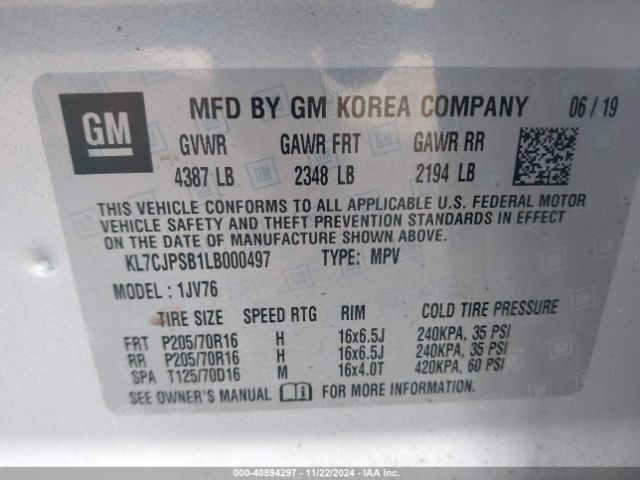KL7CJPSB1LB000497 Chevrolet Trax Awd Lt