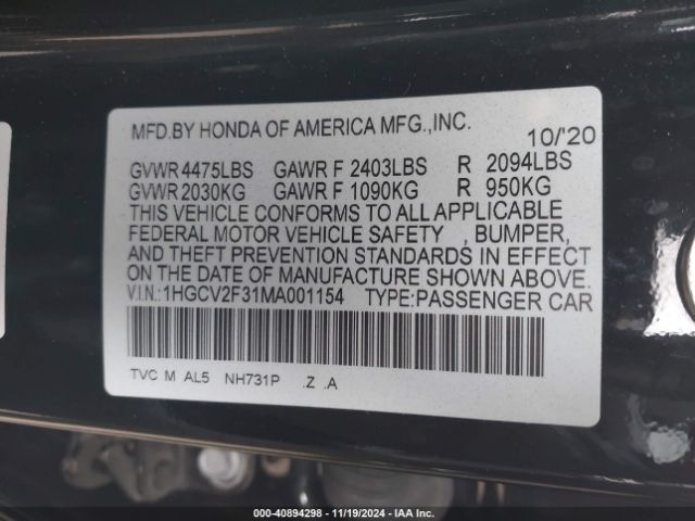 1HGCV2F31MA001154 Honda Accord Sport 2.0t