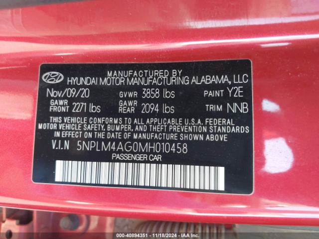 5NPLM4AG0MH010458 Hyundai ELANTRA SEL