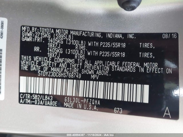 5TDYZ3DC6HS768749 Toyota Sienna Limited Premium 7 Passenger