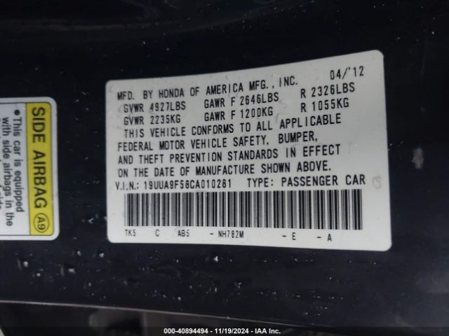 2012 ACURA TL 19UUA9F58CA010281 Photo 8