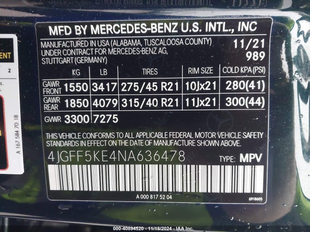 4JGFF5KE4NA636478 Mercedes-Benz Gls 450 4matic