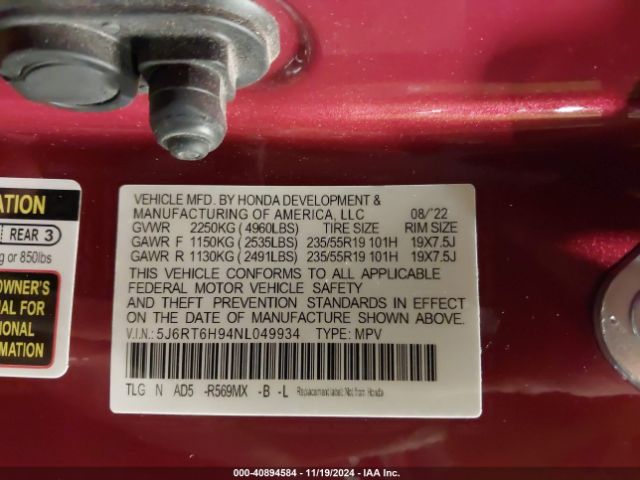 5J6RT6H94NL049934 Honda Cr-v Hybrid Touring