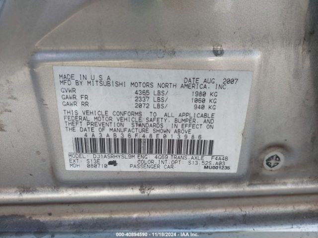2008 MITSUBISHI GALANT 4A3AB36F48E013986 Photo 8
