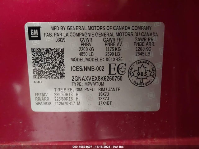 Chevrolet EQUINOX LT 2019 2GNAXVEX8K6260750 Image 9
