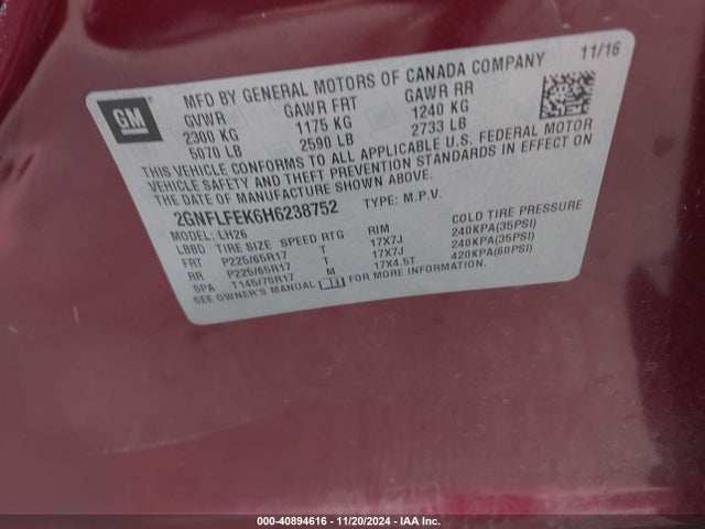 2GNFLFEK6H6238752 Chevrolet EQUINOX LT