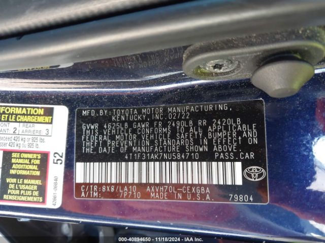 4T1F31AK7NU584710 Toyota Camry Xle Hybrid