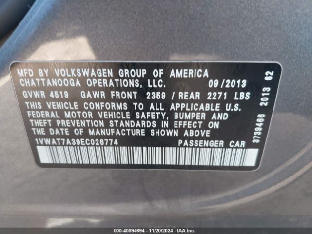 1VWAT7A39EC026774 Volkswagen Passat 1.8t Wolfsburg Edition