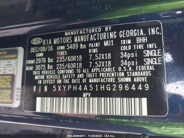 5XYPH4A51HG296449 KIA Sorento 3.3l Ex