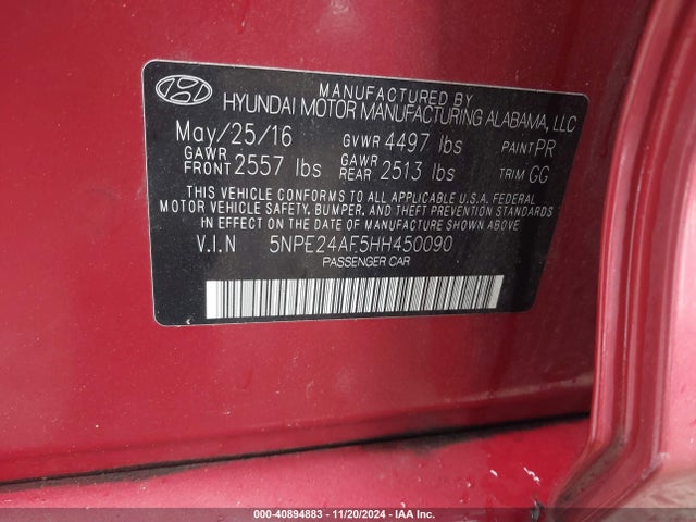 Hyundai SONATA SE 2017 5NPE24AF5HH450090 Image 9
