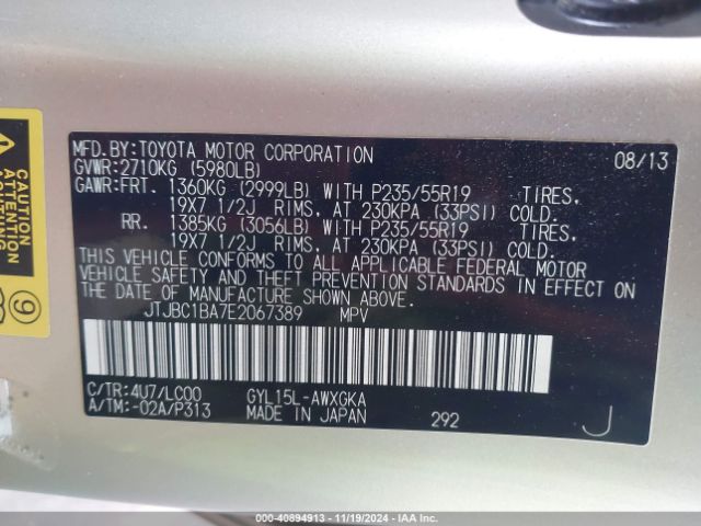 JTJBC1BA7E2067389 Lexus RX 450H