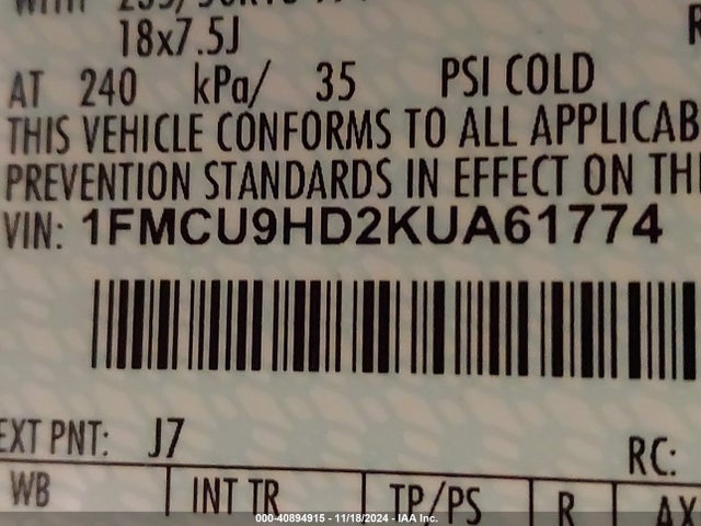 Ford ESCAPE SEL 2019 1FMCU9HD2KUA61774 Image 9