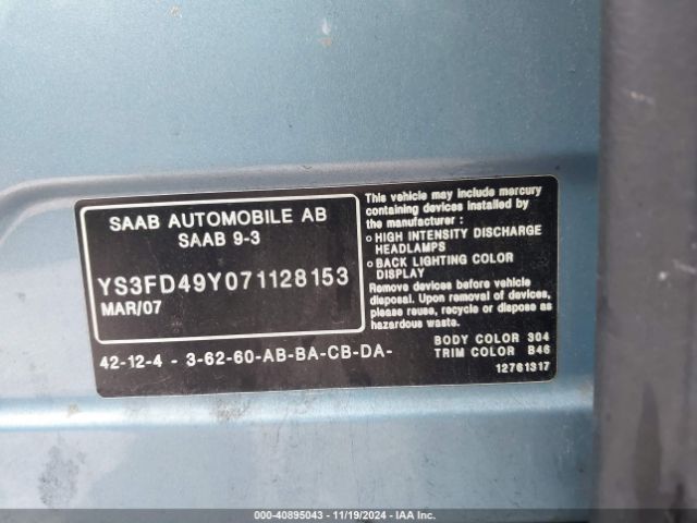 2007 SAAB 9-3 YS3FD49Y071128153 Photo 8