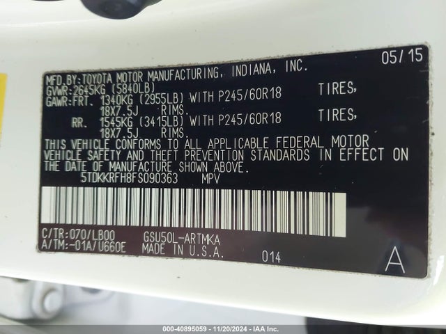 Toyota Highlander Xle V6 2015 5TDKKRFH8FS090363 Image 9