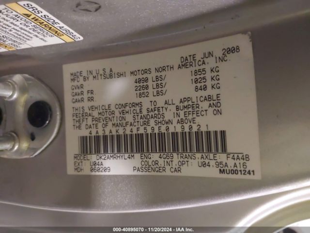 2009 MITSUBISHI ECLIPSE 4A3AK24F59E019021 Photo 8